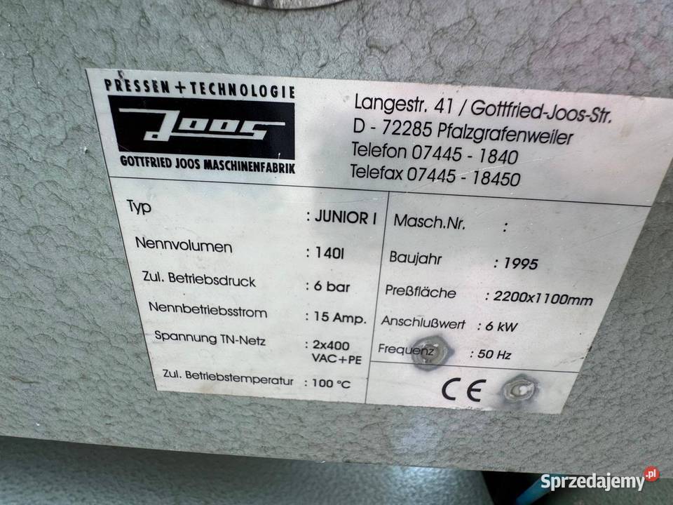 Prasa półkowa JOSS JUNIORprasa do fornirugrzana Kalwaria Zebrzydowska