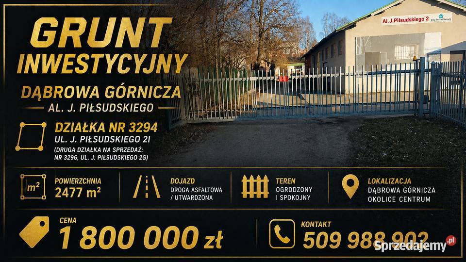 GRUNT INWESTYCYJNY DĄBROWA GÓRNICZA CENTRUM AL J 2614m2 śląskie Dąbrowa Górnicza