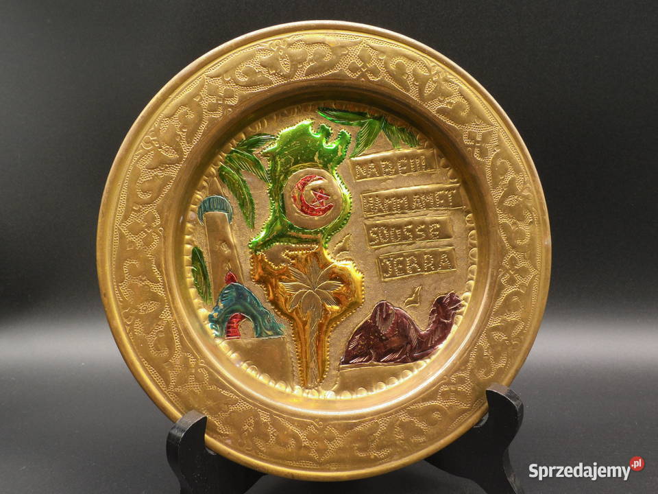Mosiężny emaliowany ozdobny talerz ścienny Raszków