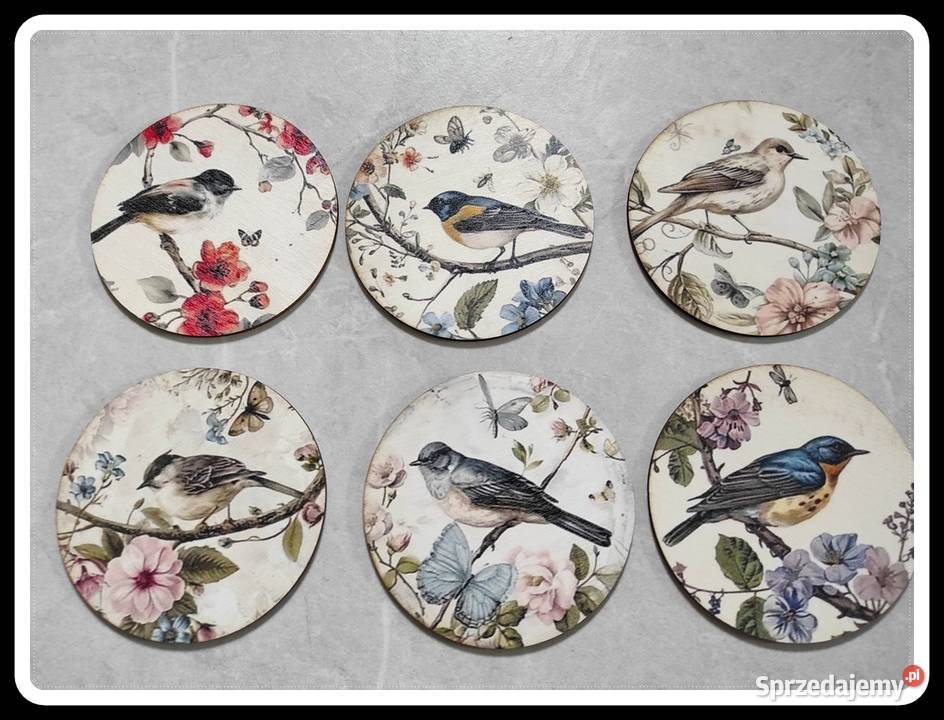 Podkładki pod kubki drewniane ptaki ptaszki 6 mazowieckie