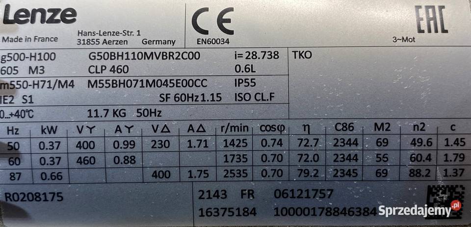 motoreduktor przekładnia 037kW 496obr 3fazowy Pigża