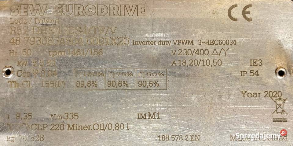 motoreduktor przekładnia 55kW 156obr SEW kujawsko-pomorskie Pigża