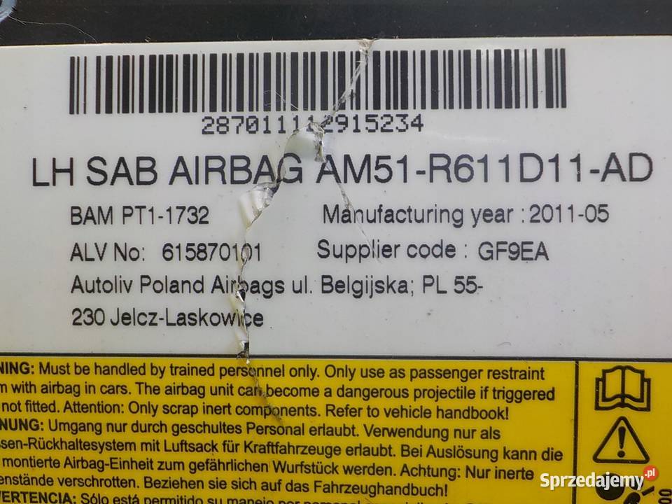 FOCUS MK3 16 B 11r HB 5D AIRBAG poduszka fotela osobowe mazowieckie Suków