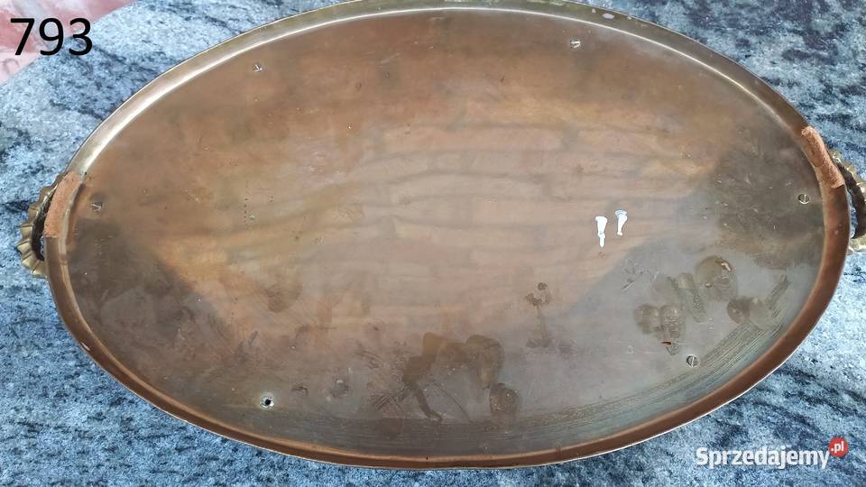 Mosiężna taca vintage z uchwytami i azurowym Gawroniec