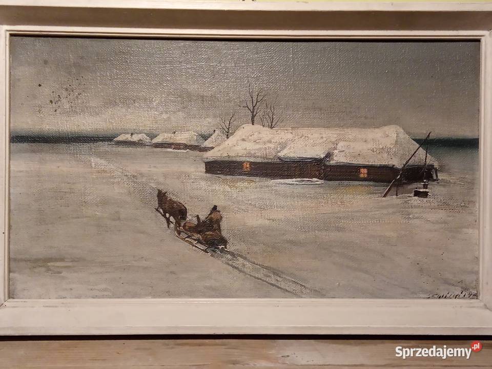Piękny stary obraz olejny Sanie Kraków