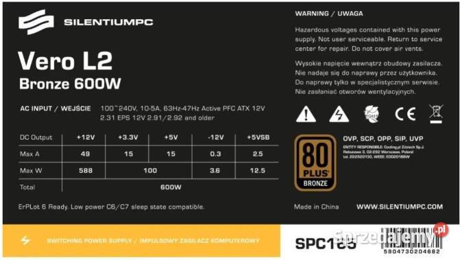 Zasilacz komputerowy SilentiumPC Vero L2 600W 80 Kielce