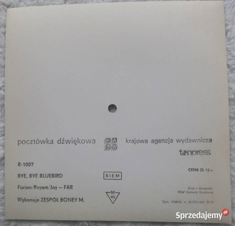Pocztówka dźwiękowa 1980 Boney M Bye bye Warszawa sprzedam