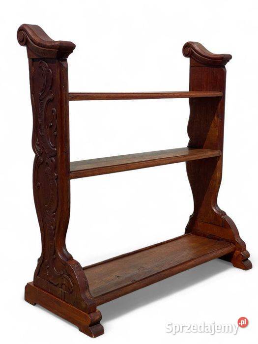 Stary rzeźbiony regał dębowy stojący 3 poziomy Gryfice