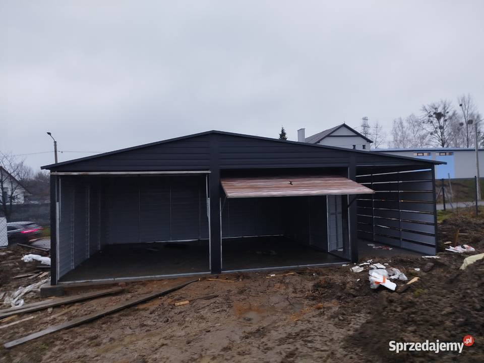 Garaż Blaszany GRAFITOWY zadaszenie bramy Garaże Mława