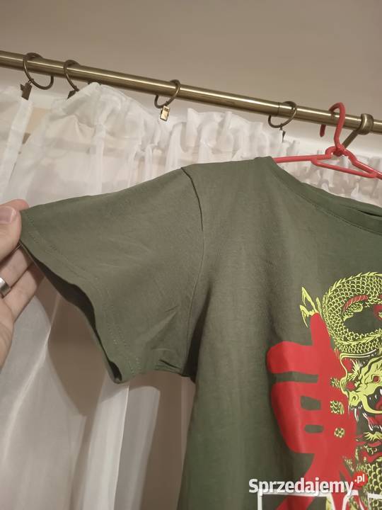 Koszulka Męska Khaki Bawełna Nadruk Smok Fantasy Suwałki