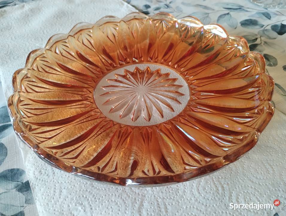PRL patera carnival glass iryzowana art deco pomarańczowy Łódź