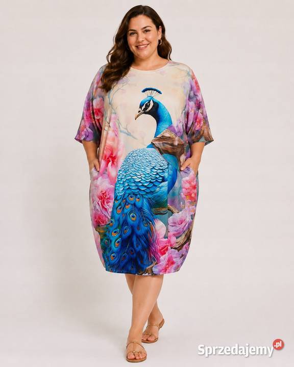 Sukienka tunika plus size z pawiem 140 biust Pątnów