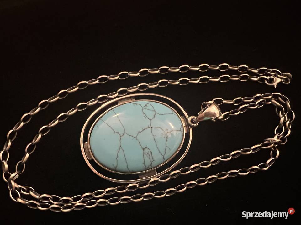 Srebrny wisior medalion turkus łańcuch srebro Warszawa sprzedam