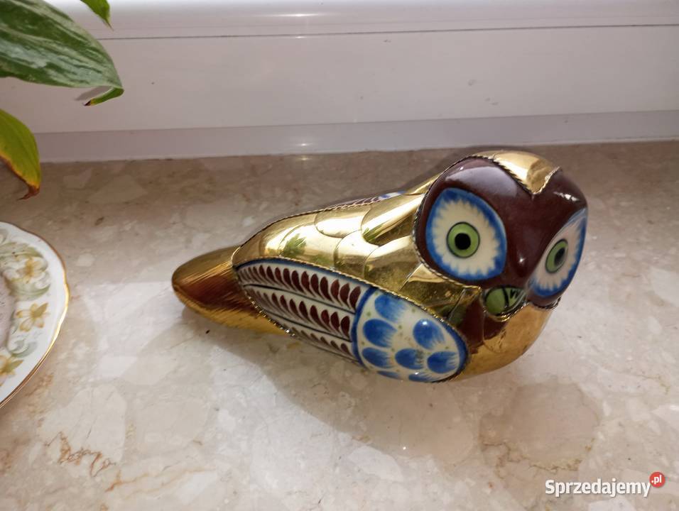 Sowa ceramika z mosiądzem Porcelana i szkło