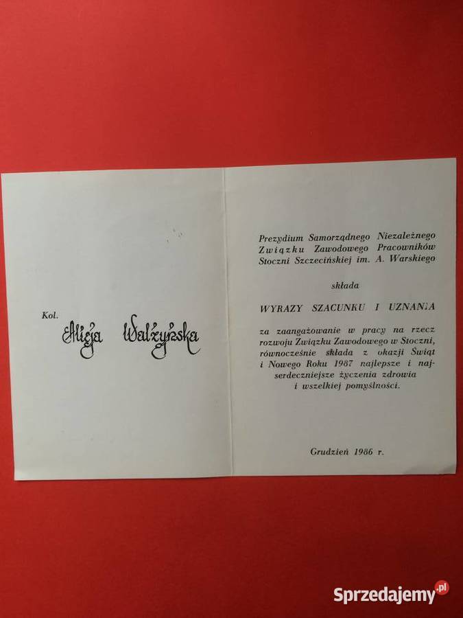 1593 Podziękowanie Związku Zawodowego Stoczni Antykwariat Szczecin