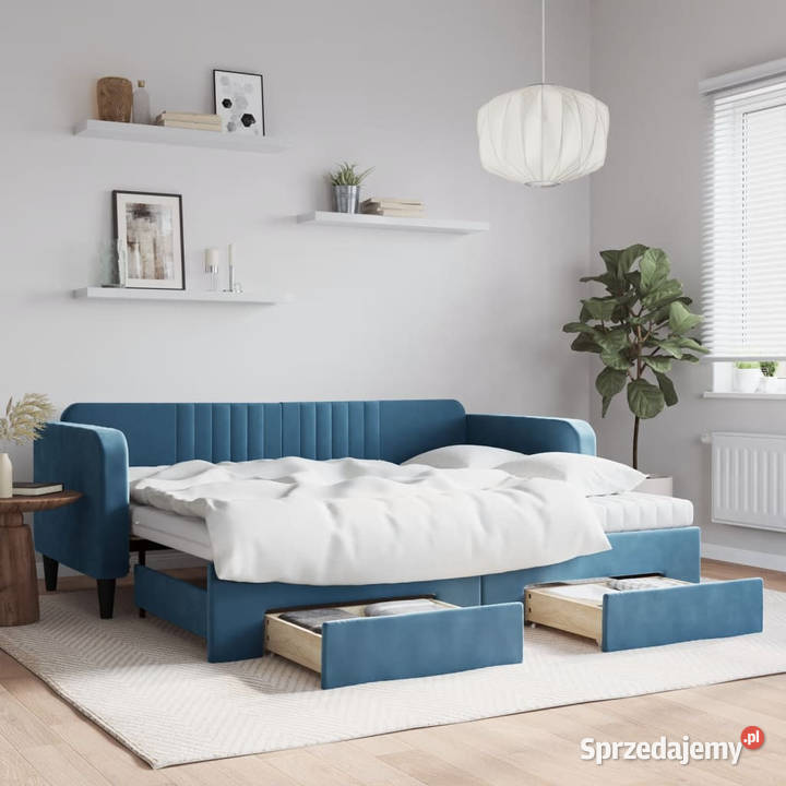 Sofa rozsuwana z szufladami niebieska aksamit