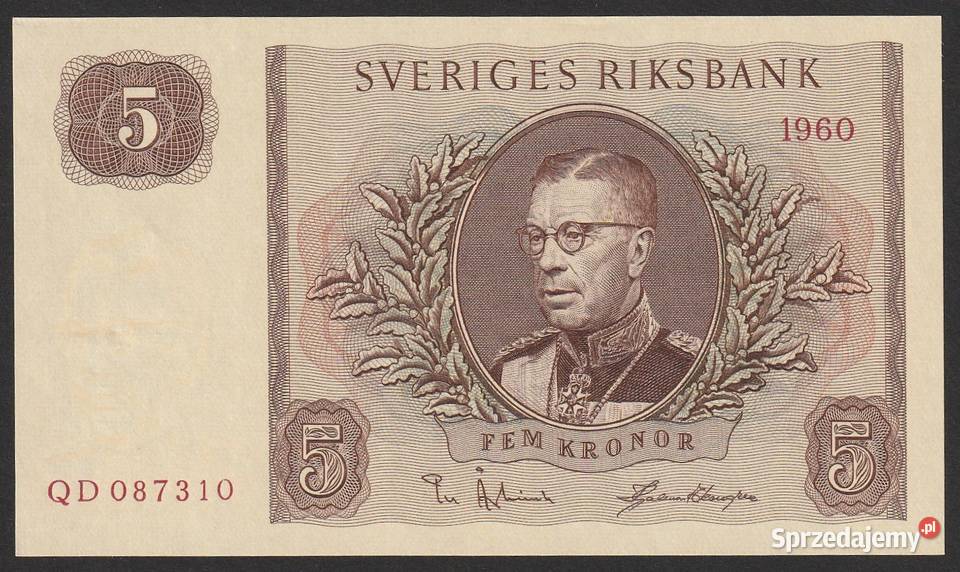 SZWECJA 5 KORON 1960 GUSTAW VI ADOLF STAN Łódź