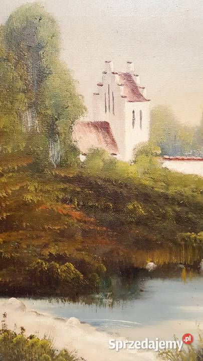 Stary ładny olejny na płótnie Wiejski pejzaż w