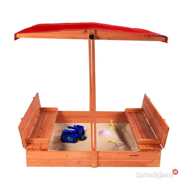 Drewniana piaskownica ogrodowa z daszkiem