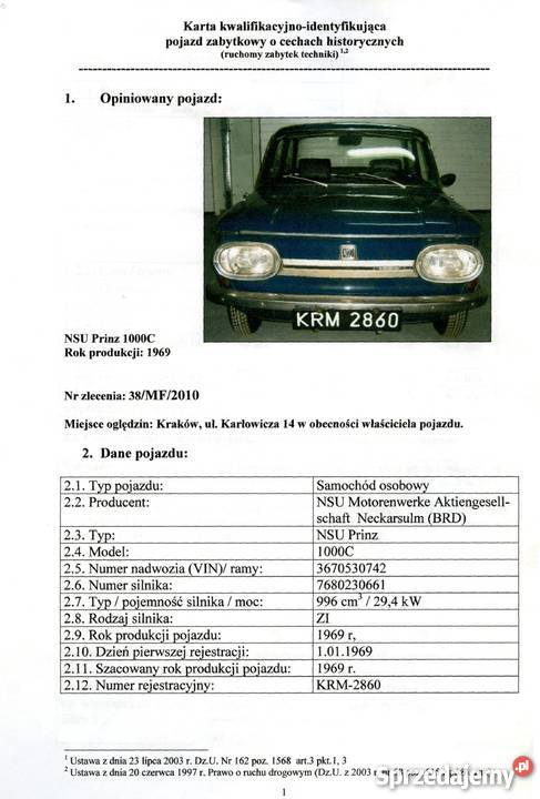 NSU 1000C prinz zabytkowy rocznik 1969