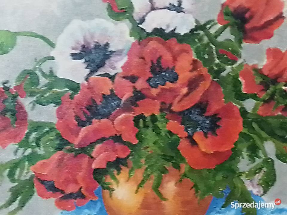 Śliczny obraz z buketem maków w drewnianej ramie wielokolorowy Sosnowiec