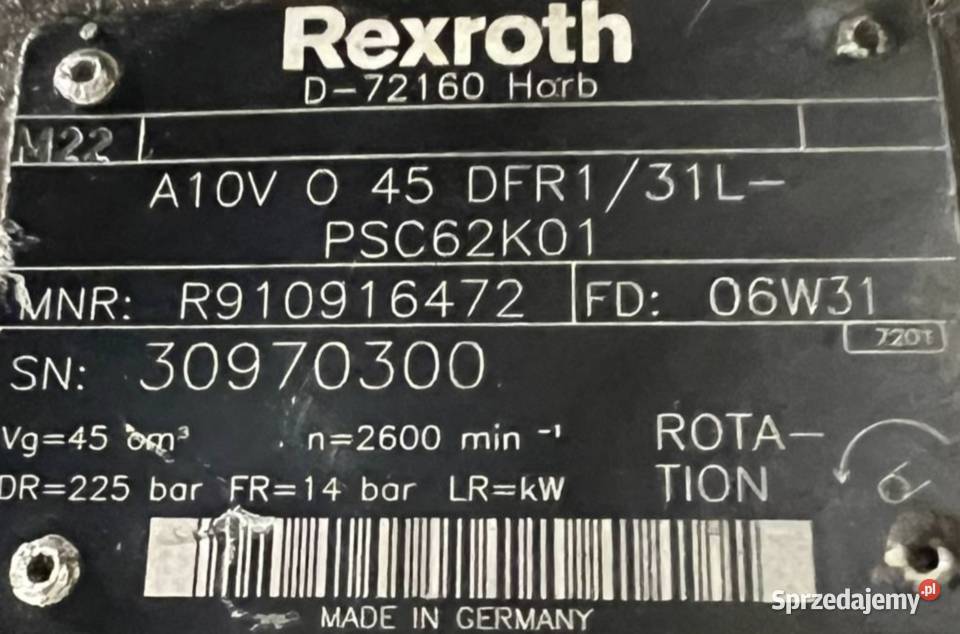 Rexroth A10V O 45 DFR131LPSC62K01 R910916472 Układ hydrauliczny Części maszyn i innych pojazdów