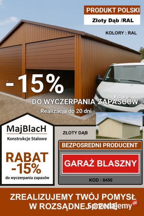 A64Kolor Złoty DąbGaraż BlaszanyTANIE GARAŻE Kolno