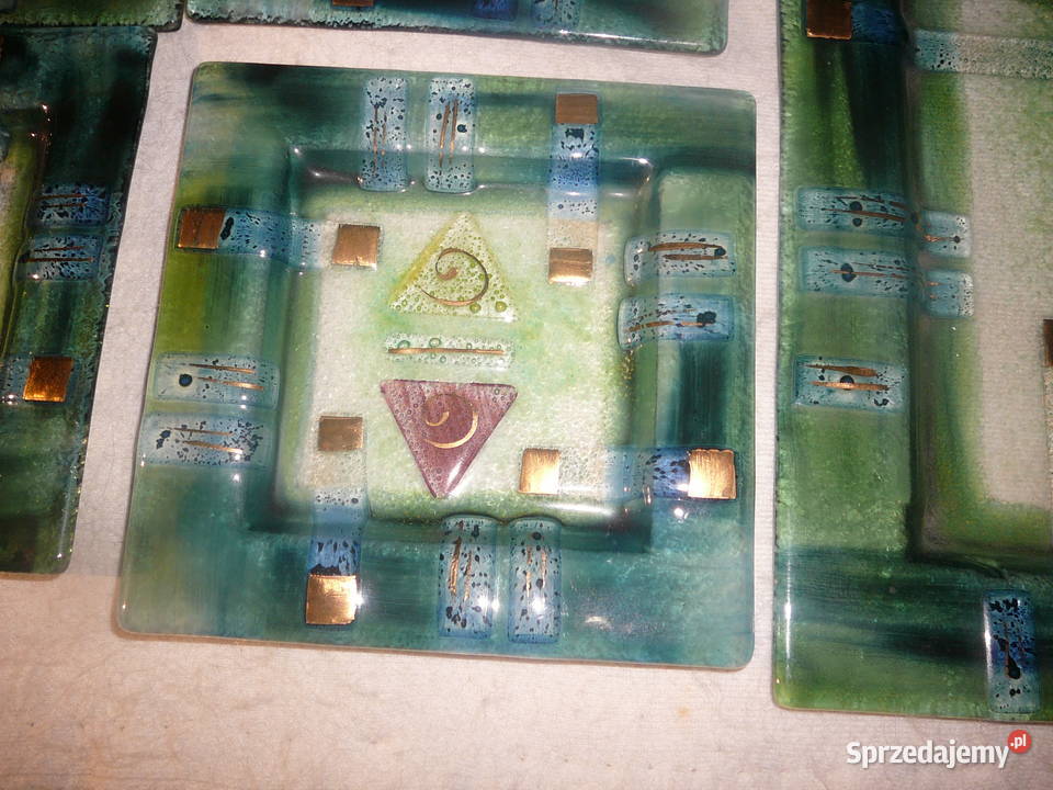 Zestaw talerzy 61 artystyczne kolorowe szkło Wrocław