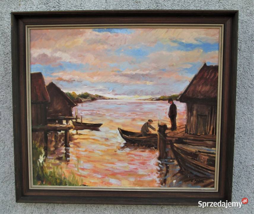 Obraz olejny Przystań Szwecja lata 70 sprzedam