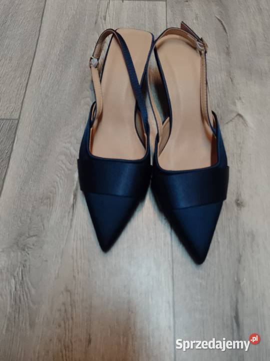 40 Granatowe czółenka wieczorowe z odkrytą piętą 25.5cm