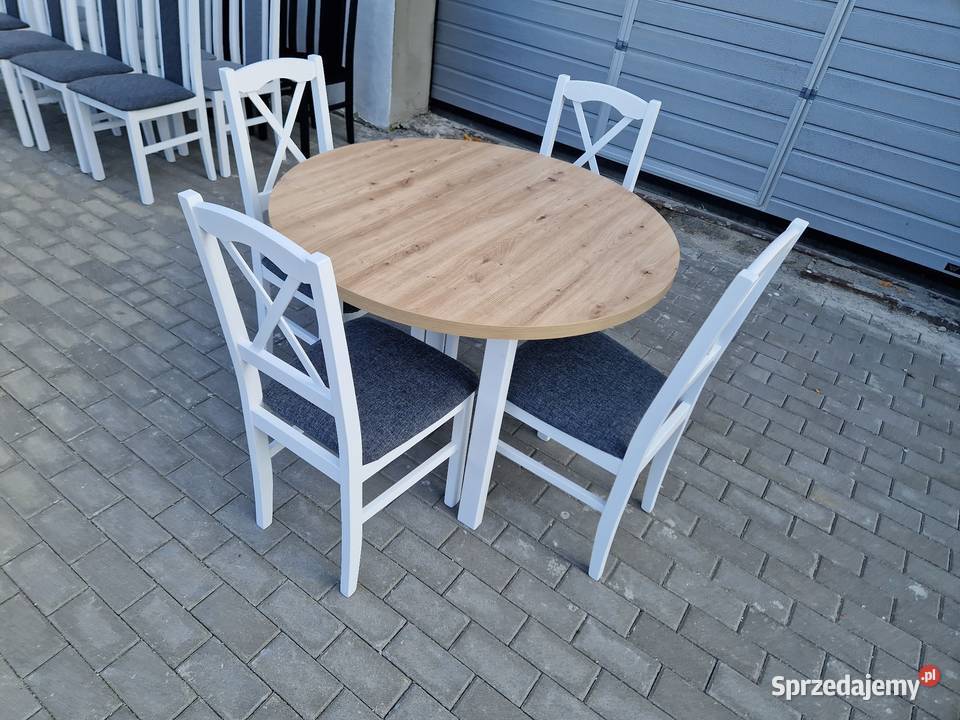 Nowe: Stół okrągły + 4 krzesła,biały/artisan + grafit(krzyż)