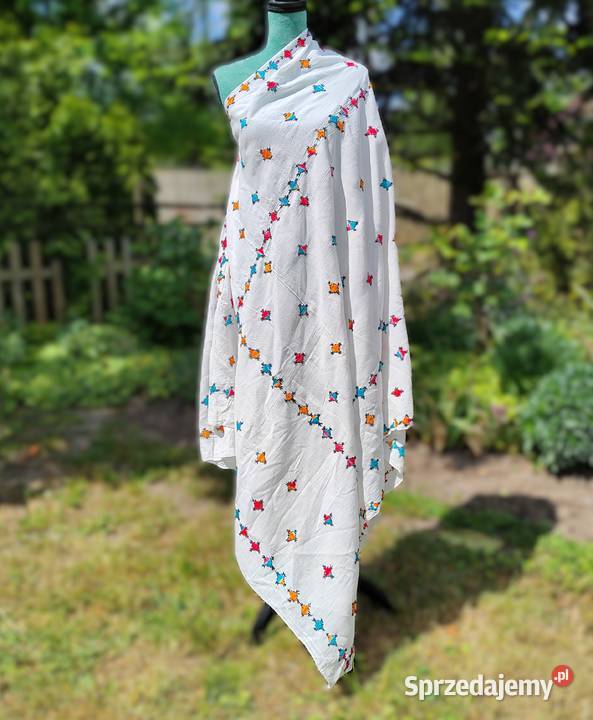 Duża chusta szal dupatta haftowana biała bawełna Szczecin sprzedam