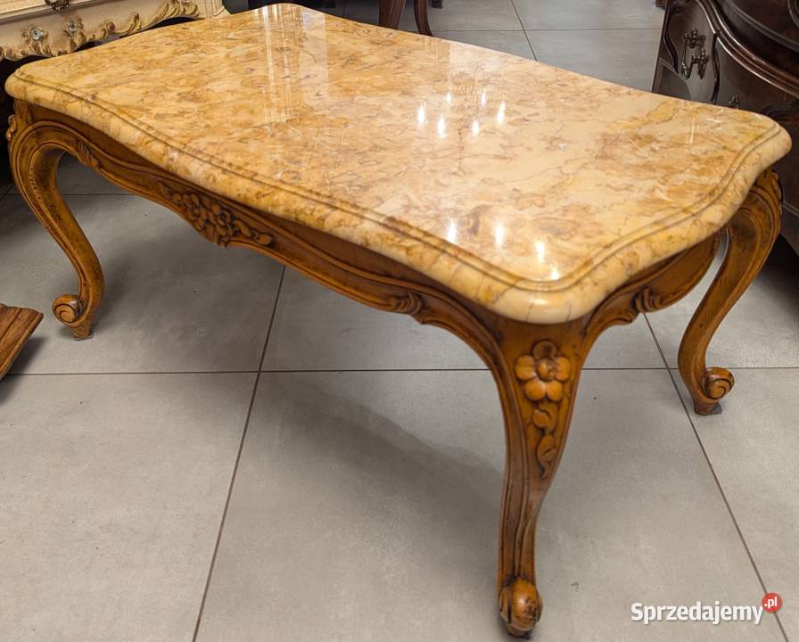 Piękny dębowy stolik ludwikowski z marmuremsklep Dąbrowa Górnicza