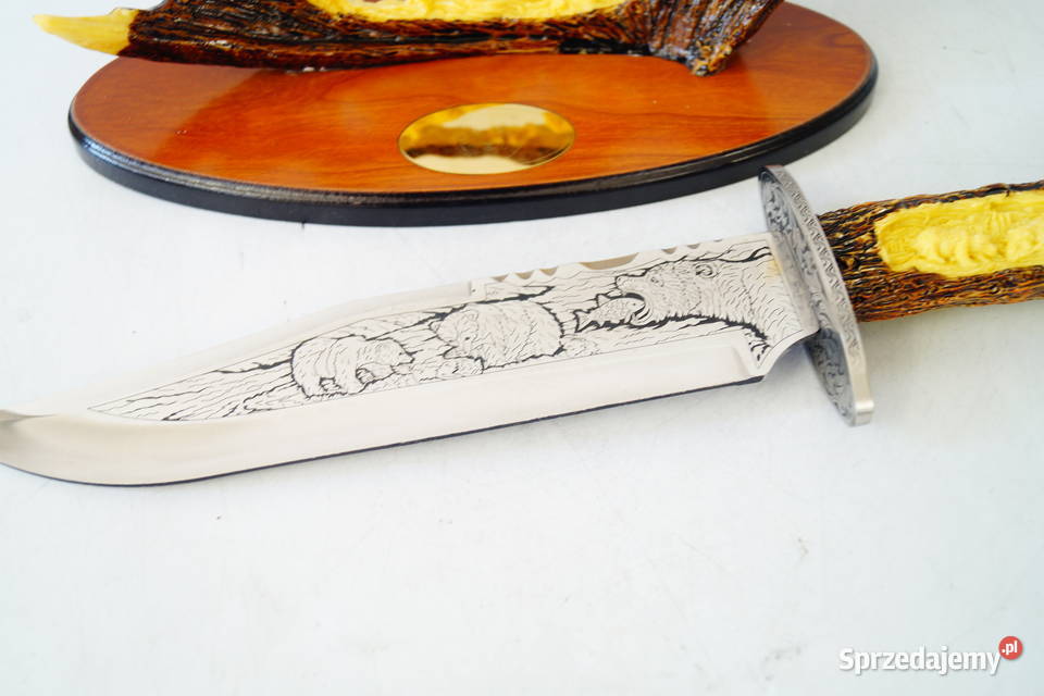 NÓŻ MYŚLIWSKI na stojaku dekoracja prezent Gizałki