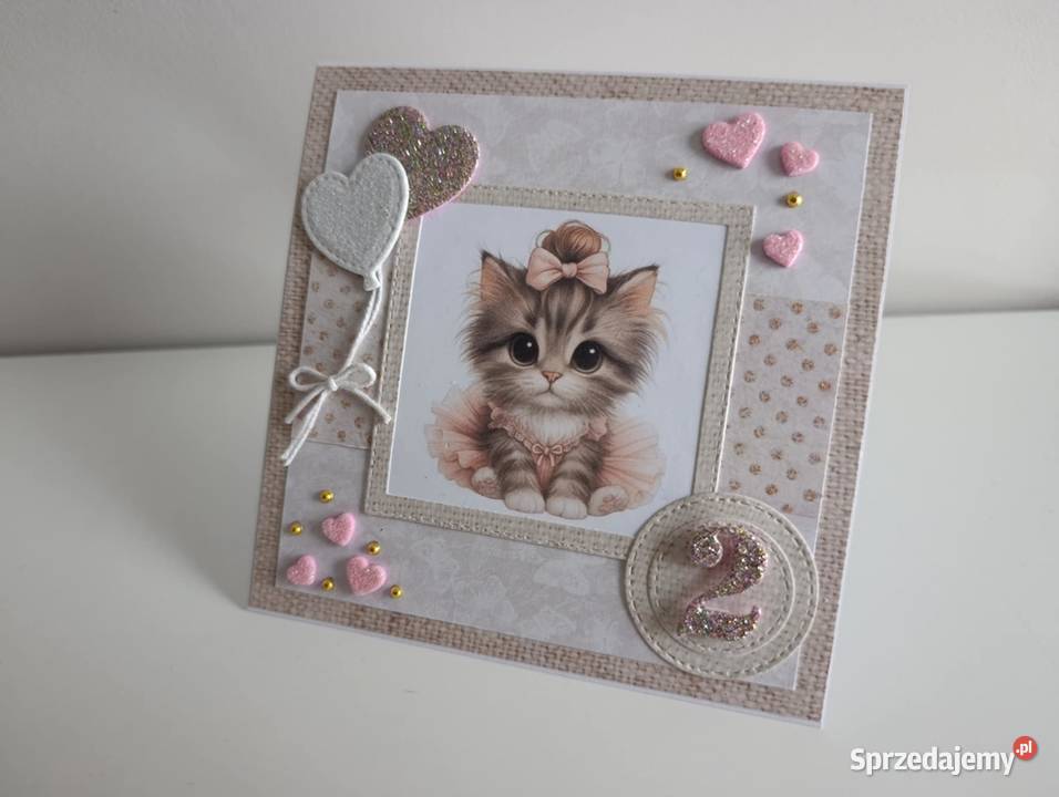 Kartka ręcznie robiona na urodziny z kotkiem Łódź