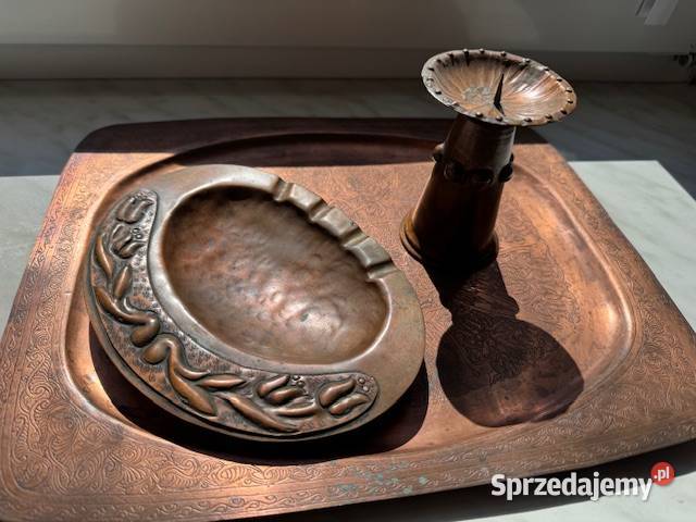 Stara taca mosiężna z ładnym dekorem popielnica Częstochowa