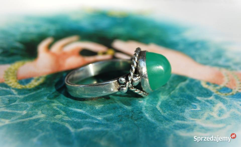 Stary pierścionek srebrny zielony chryzopraz srebro Lublin
