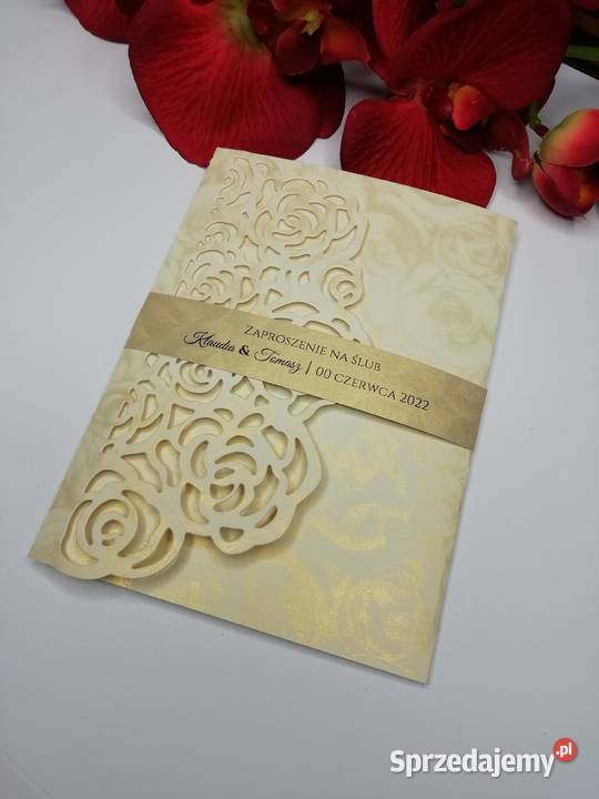 Kremowe złote zaproszenia ślubne kopertowe Jarosław sprzedam