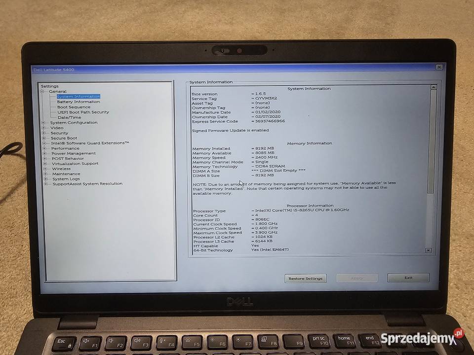 Laptop Dell 5400 i5 8gen 8GB dysk m2 256GB 250 Kraków