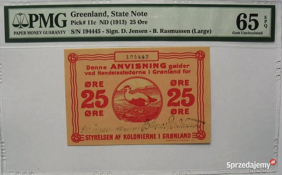 GRENLANDIA 1913P11c25 orePMG65 RZADKI wysyłka pomorskie Człuchów sprzedam