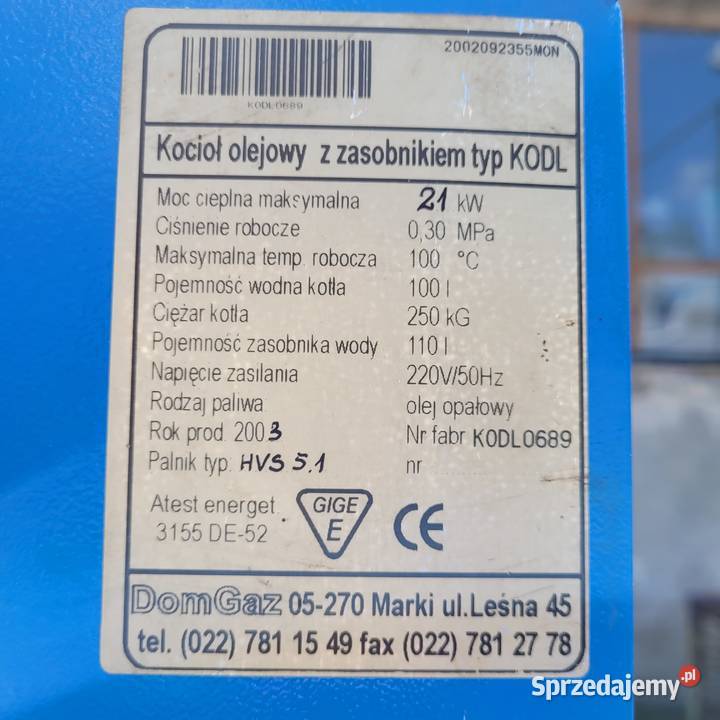 Kocioł olejowy z zasobnikiem TYP KODL Pozostałe usługi