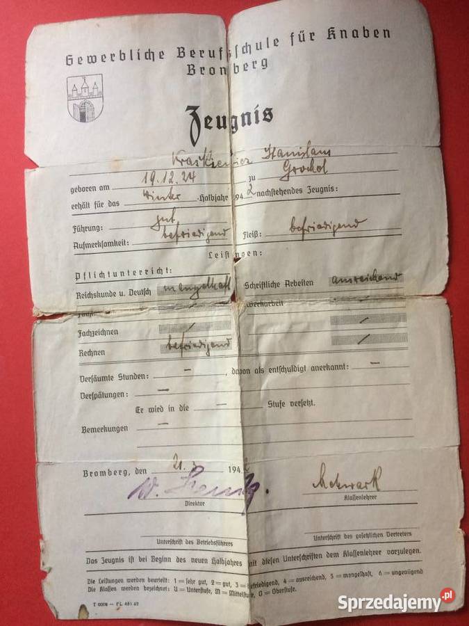 487 Niemieckie Świadectwo Bromberg zachodniopomorskie Szczecin sprzedam