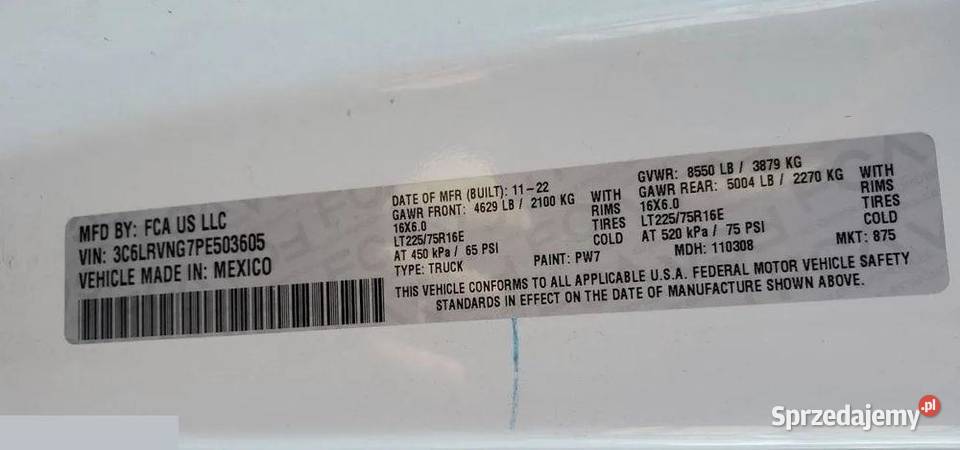 RAM promaster 36 benzyna 286 2023r Faktura VAT mazowieckie Siedlce