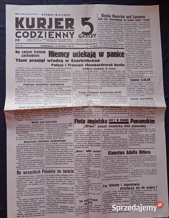 Kurjer Codzienny Poniedziałek 19 września 1939r Koźminek