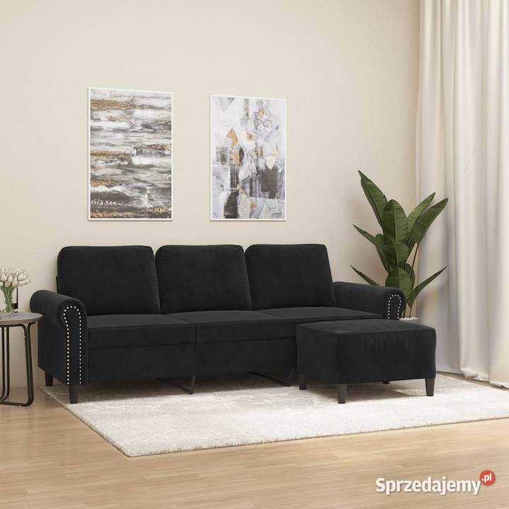 3osobowa sofa z podnóżkiem czarna 180 aksamit