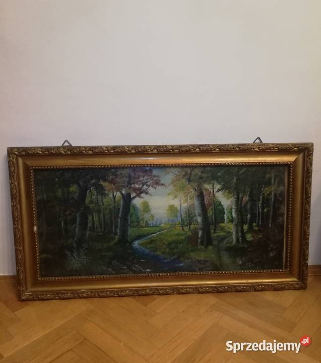 Stary obraz Olej na dykcie Pejzaż leśny mazowieckie Warszawa