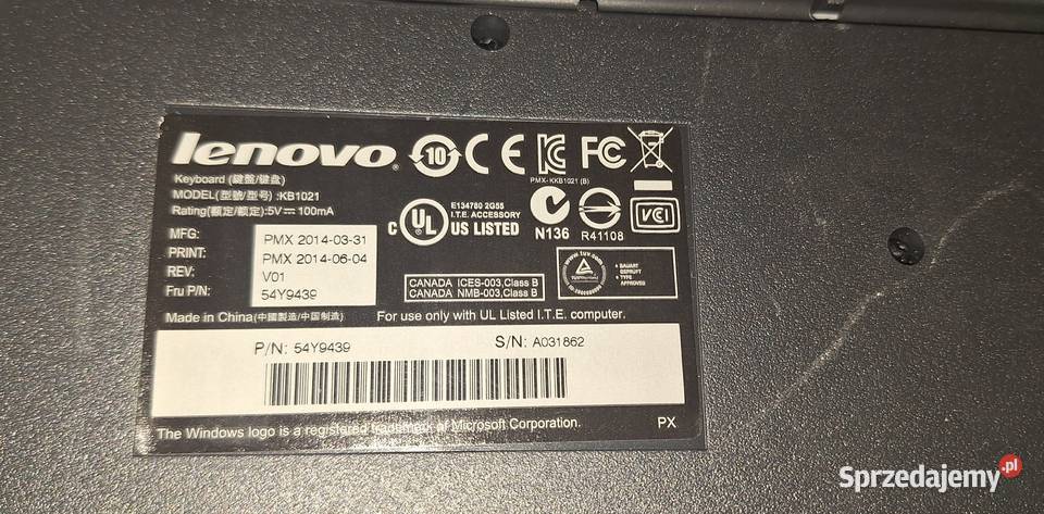 Klawiatura Lenovo KB1021 USB kablu Klawiatury i myszy Warszawa