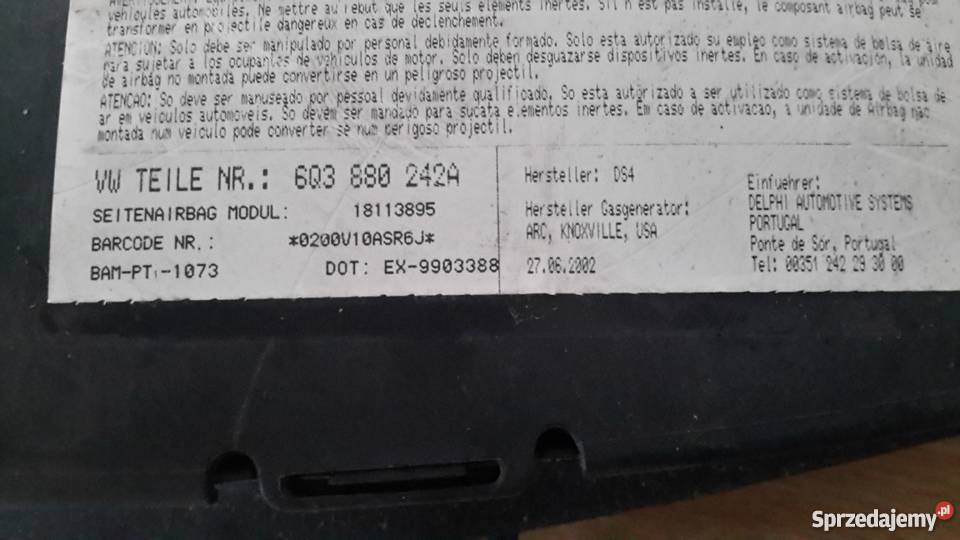 vw polo poduszki powietszne foteli lewy prawy śląskie Siewierz