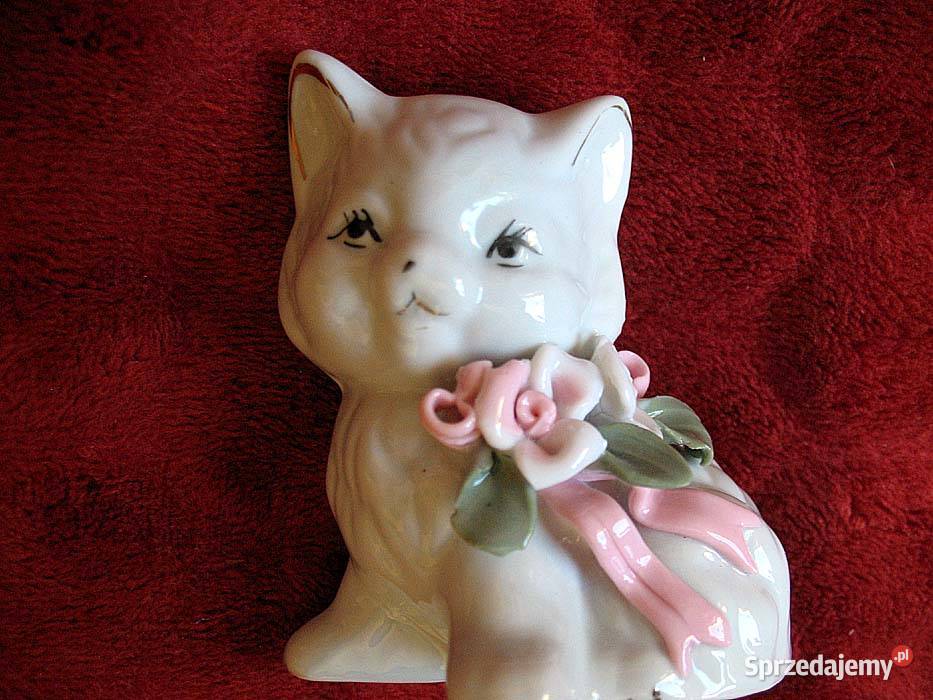 Kot koteczka z kwiatkami stara figurka porcelana biały mazowieckie Siedlce sprzedam