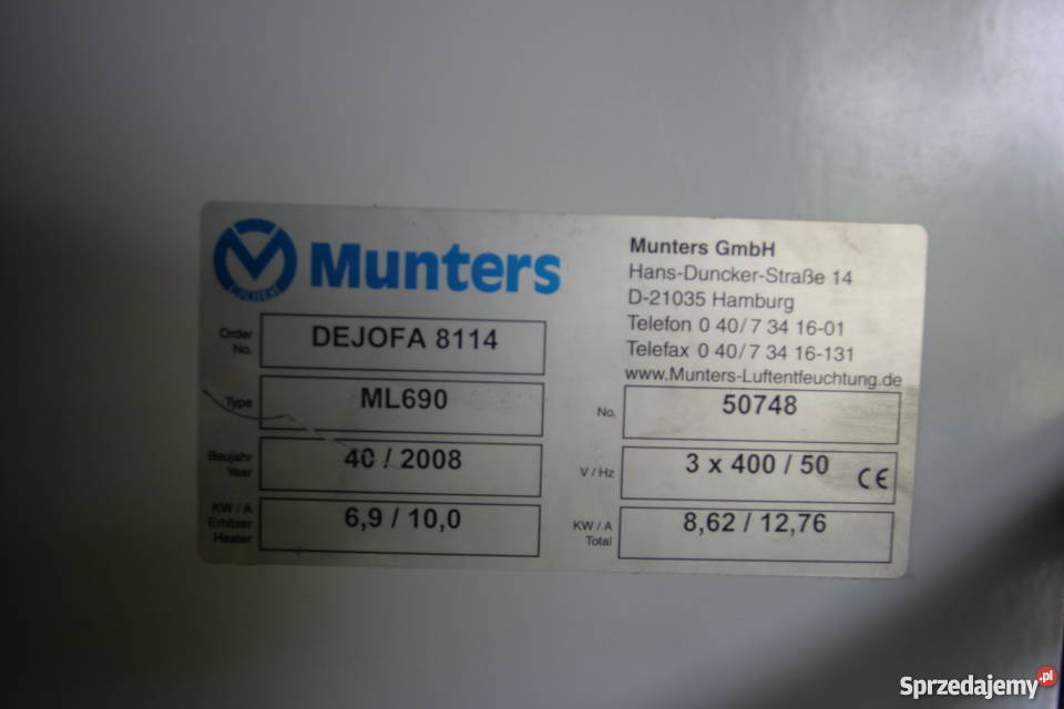 Urzandzenie do osuszania powietrza Munters ML650 Stanisławów Nowy